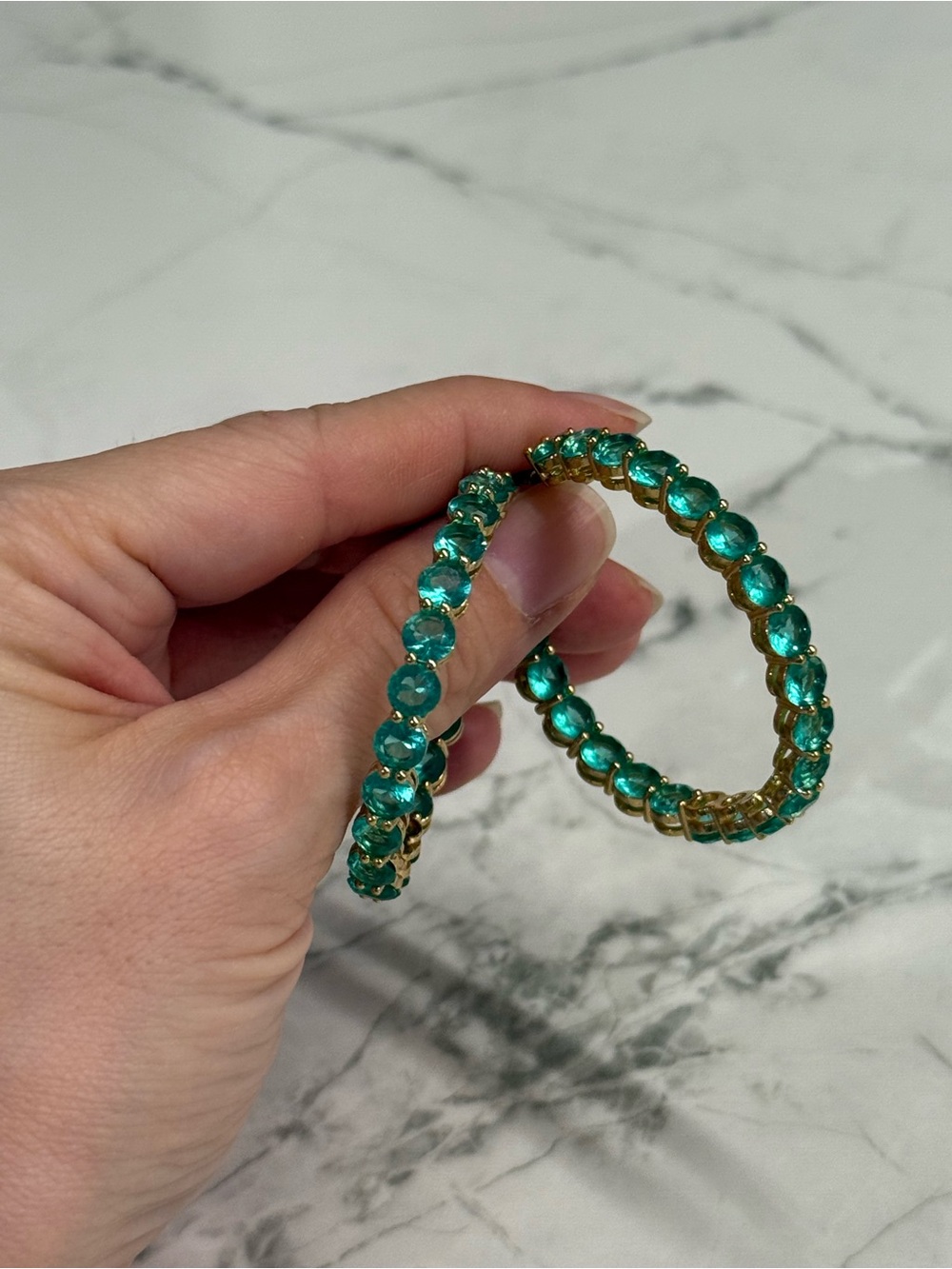 Gold Hoop Earrings with Teal Crystal Accents